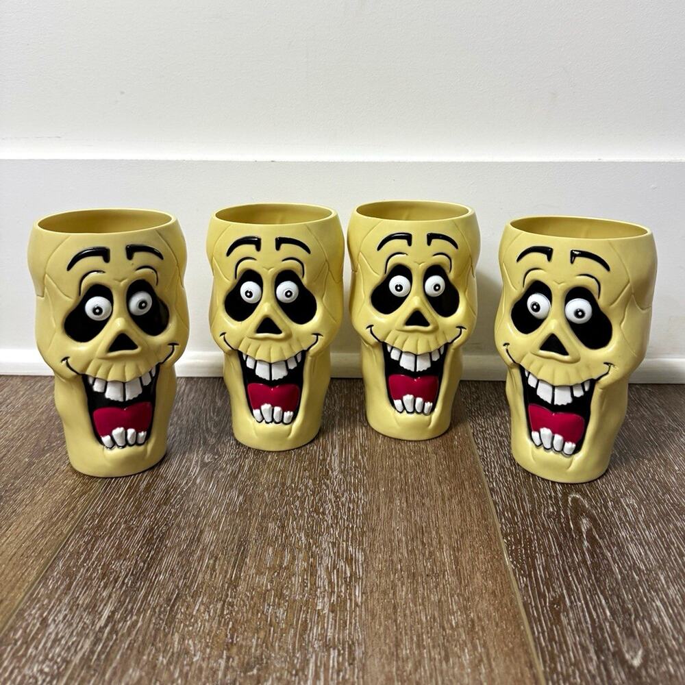 Vintage Halloween Plastic Skeleton Skull Cups Set of 4